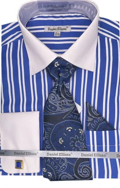 Royal Blue Striped French Cuff Dress Shirt Set with Tie and Pocket Square