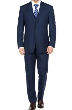 (38R) Regular Fit 3-Piece Blue 2-Buttons Glen Plaid Suit