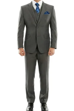 (38R, 40R, 46L) Modern Fit 3 Piece Dark Gray Wool Suit