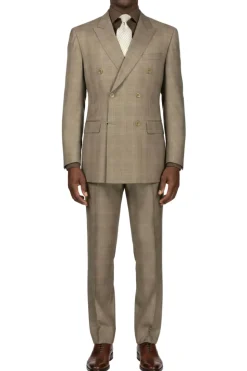 (42R, 42S, 54L, 60L) Tan Double Breasted 2 Piece Suit Regular Fit Glen Plaid