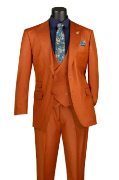 Rust Regular Fit 3 Piece Sharkskin Suit with Vest and Adjustable Waistband Pants