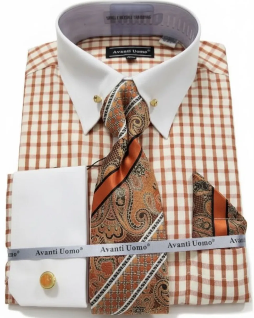 Rust Windowpane French Cuff Dress Shirt Set