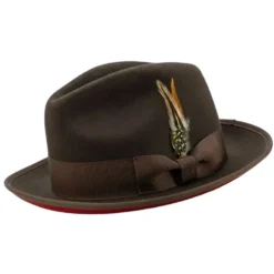 (S) 2 ¼" Brim Wool Felt Dress Hat with Feather Accent Brown with Red Bottom