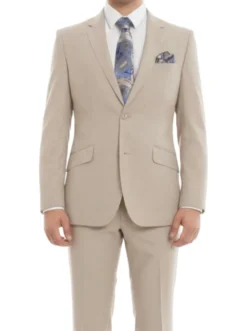 (36S, 38S) 100% Wool Suit Modern Fit Italian Style 2 Piece in Tan
