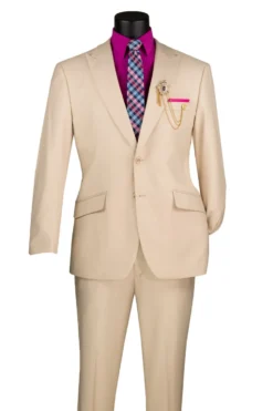 Sand Modern Fit 2 Piece Suit Textured Solid with Peak Lapel