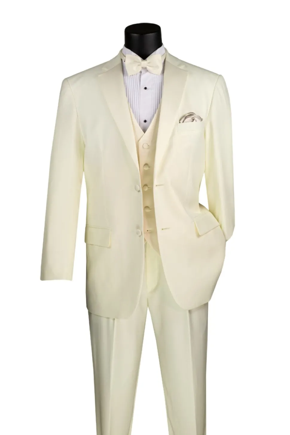 Santorini Collection - Regular Fit Ivory Tuxedo 4 Piece with Vest Bow Tie Adjustable Waistband