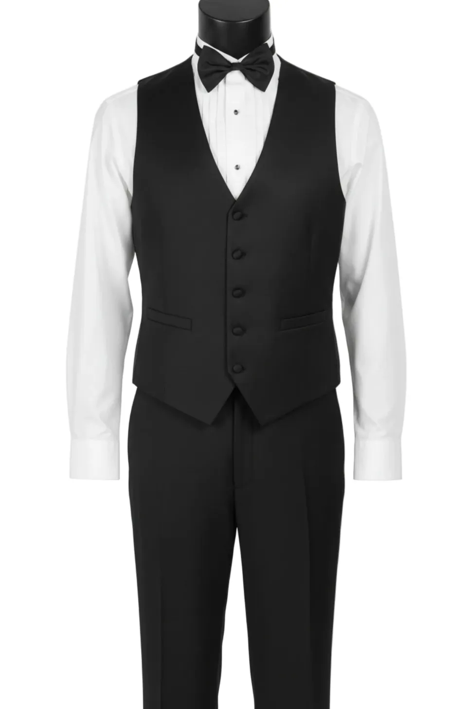 Santorini Collection - Regular Fit Black Tuxedo 4 Piece with Vest Bow Tie Adjustable Waistband