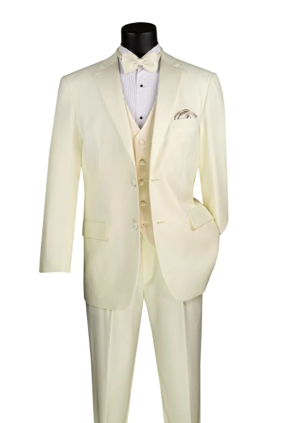 Santorini Collection - Regular Fit Ivory Tuxedo 4 Piece with Vest Bow Tie Adjustable Waistband