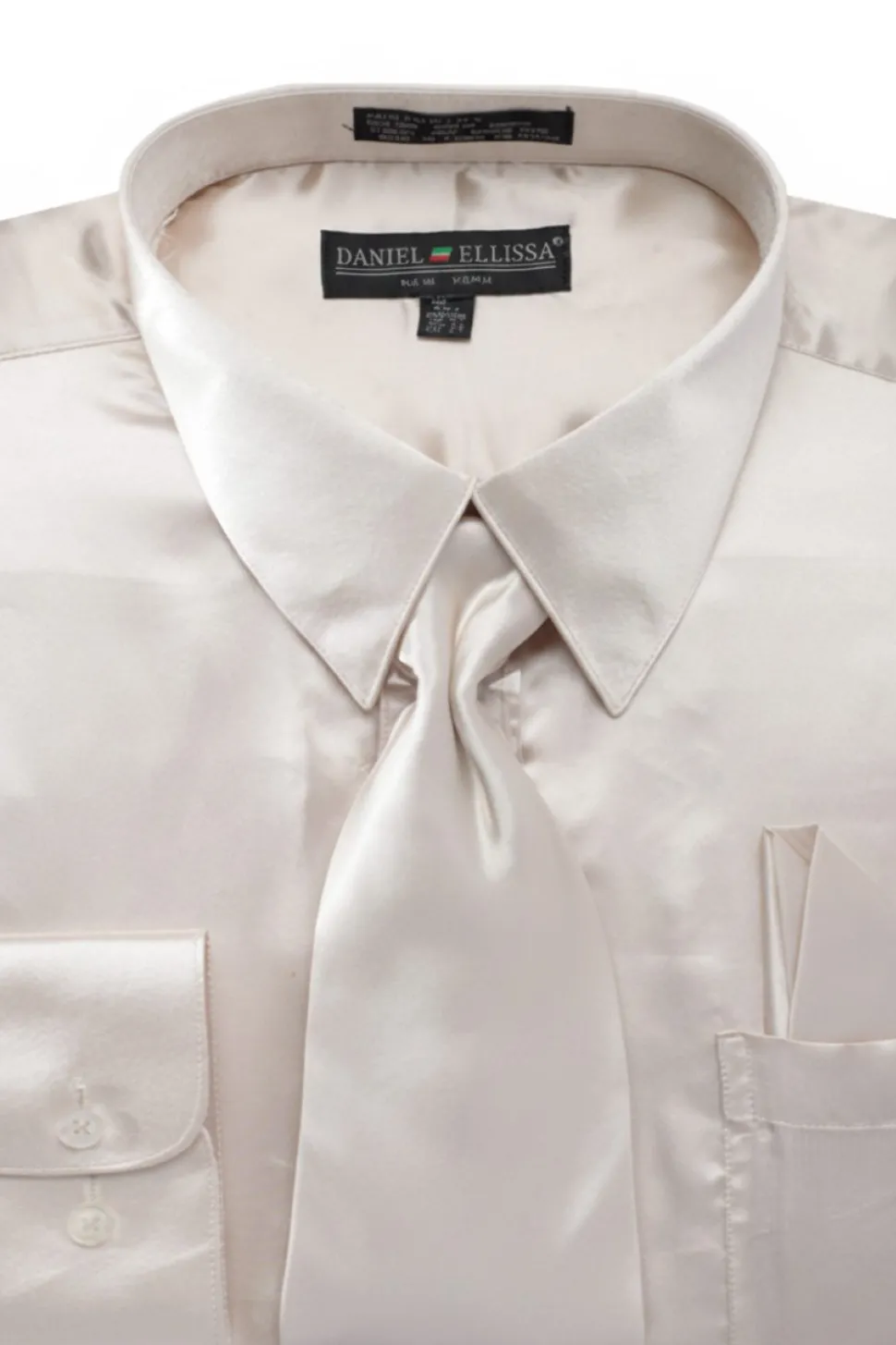 Satin Dress Shirt Convertible Cuff Regular Fit in Beige with Tie & Pocket Square