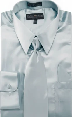 Satin Dress Shirt Convertible Cuff Regular Fit in Light Blue With Tie And Pocket Square