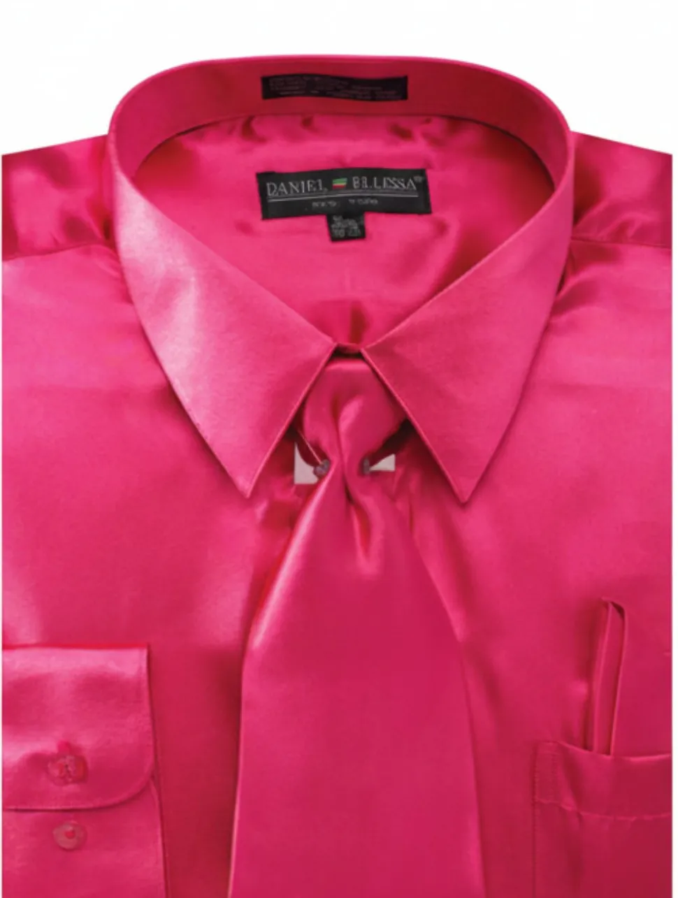 Satin Dress Shirt Convertible Cuff Regular Fit in Fuchsia With Tie And Pocket Square
