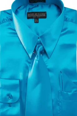 Satin Dress Shirt Convertible Cuff Regular Fit in Turquoise With Tie And Pocket Square