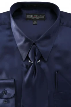 Satin Dress Shirt Convertible Cuff Regular Fit in Navy With Tie And Pocket Square