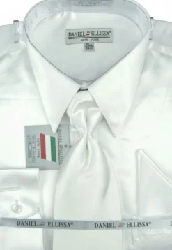 Satin Dress Shirt Convertible Cuff Regular Fit in White With Tie And Pocket Square