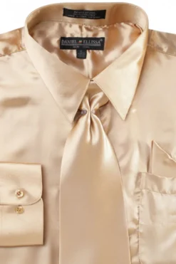 Satin Dress Shirt Convertible Cuff Regular Fit in Taupe With Tie And Pocket Square