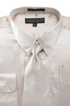 Satin Dress Shirt Convertible Cuff Regular Fit in Beige with Tie & Pocket Square