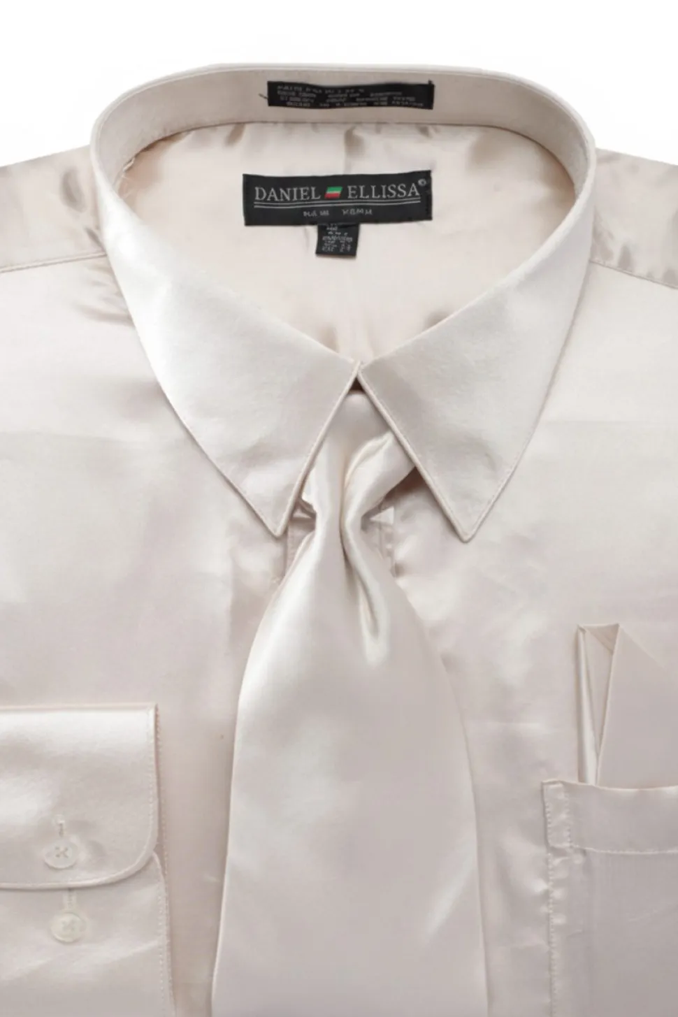 Satin Dress Shirt Convertible Cuff Regular Fit in Beige with Tie & Pocket Square