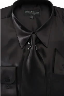 Satin Dress Shirt Convertible Cuff Regular Fit in Black With Tie and Pocket Square