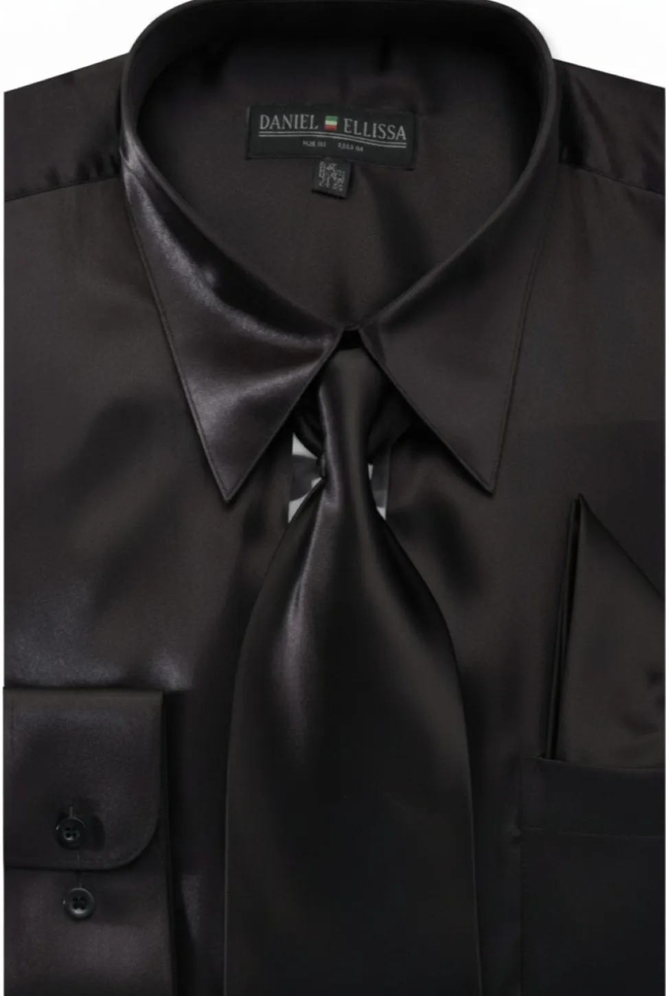 Satin Dress Shirt Convertible Cuff Regular Fit in Black With Tie and Pocket Square