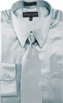 Satin Dress Shirt Convertible Cuff Regular Fit in Light Blue With Tie And Pocket Square