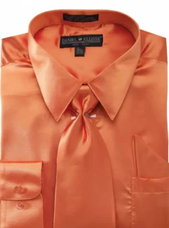 Satin Dress Shirt Convertible Cuff Regular Fit in Orange With Tie And Pocket Square