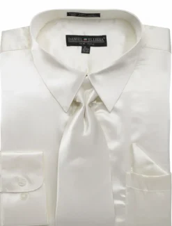 Satin Dress Shirt Convertible Cuff Regular Fit in Ivory With Tie And Pocket Square