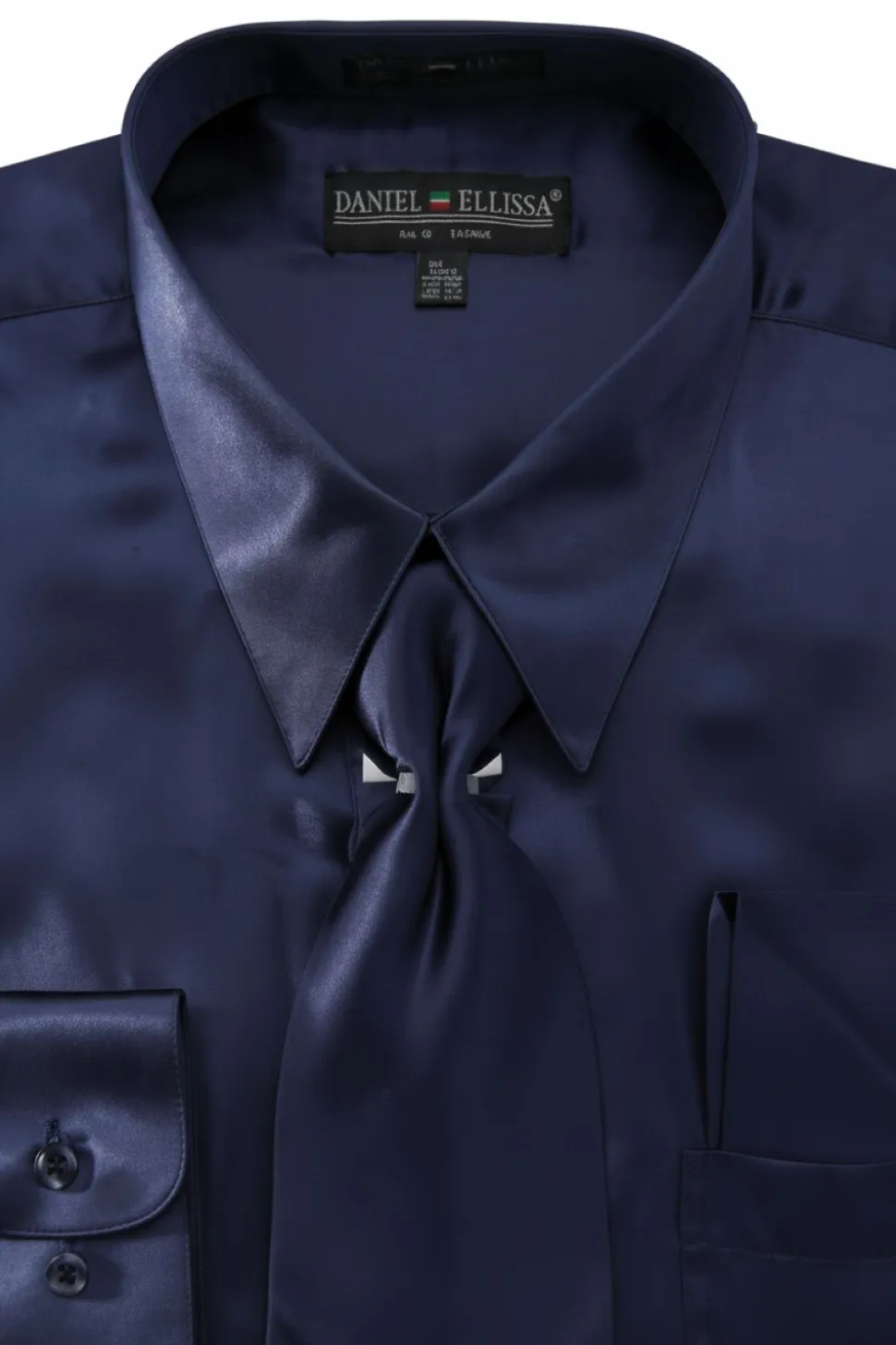 Satin Dress Shirt Convertible Cuff Regular Fit in Navy With Tie And Pocket Square
