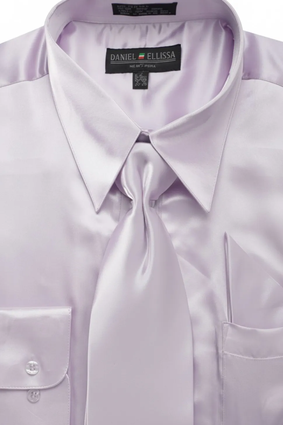 Satin Dress Shirt Convertible Cuff Regular Fit in Lilac With Tie And Pocket Square