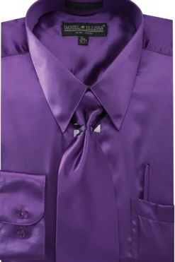 Satin Dress Shirt Convertible Cuff Regular Fit in Purple With Tie And Pocket Square