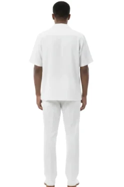 Short Sleeve Summer Walking Suit Set with Flexible Waist Pants - Off White