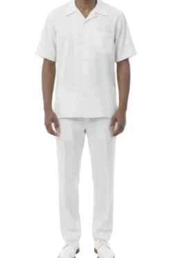 Short Sleeve Summer Walking Suit Set with Flexible Waist Pants - Off White
