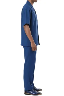 Short Sleeve Summer Walking Suit Set with Flexible Waist Pants - Sapphire Blue