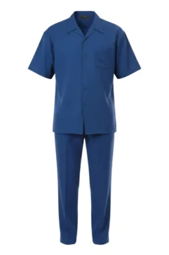 Short Sleeve Summer Walking Suit Set with Flexible Waist Pants - Sapphire Blue