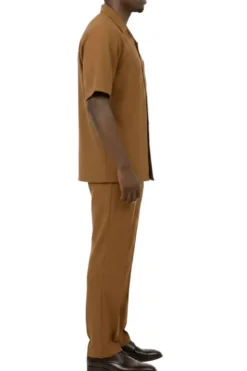 Short Sleeve Summer Walking Suit Set with Flexible Waist Pants - Taupe