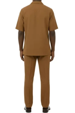 Short Sleeve Summer Walking Suit Set with Flexible Waist Pants - Taupe