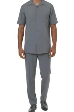 Short Sleeve Summer Walking Suit Set with Flexible Waist Pants - Gray