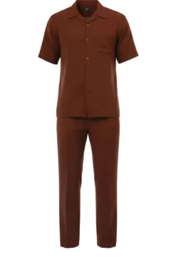 Short Sleeve Summer Walking Suit Set with Flexible Waist Pants - Maroon