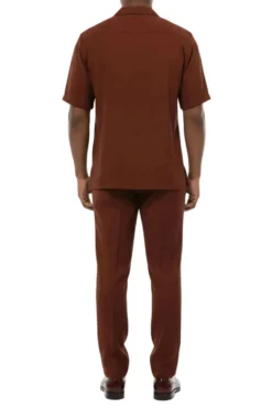 Short Sleeve Summer Walking Suit Set with Flexible Waist Pants - Maroon