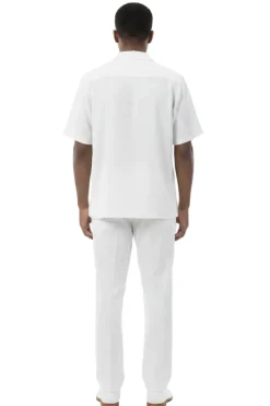 Short Sleeve Summer Walking Suit Set with Flexible Waist Pants - Off White