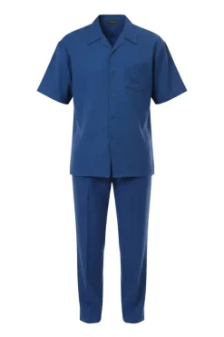 Short Sleeve Summer Walking Suit Set with Flexible Waist Pants - Sapphire Blue