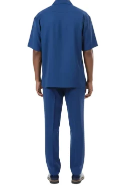 Short Sleeve Summer Walking Suit Set with Flexible Waist Pants - Sapphire Blue
