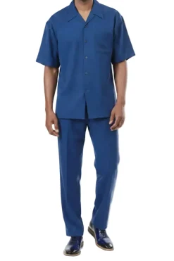 Short Sleeve Summer Walking Suit Set with Flexible Waist Pants - Sapphire Blue