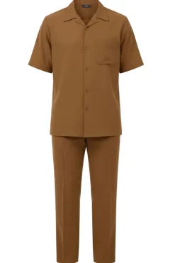 Short Sleeve Summer Walking Suit Set with Flexible Waist Pants - Taupe