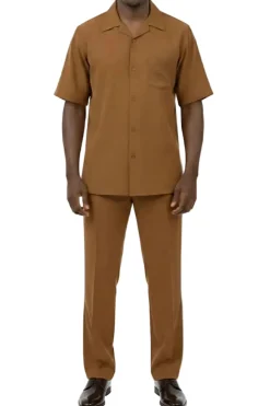 Short Sleeve Summer Walking Suit Set with Flexible Waist Pants - Taupe