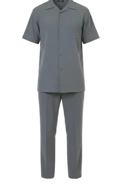 Short Sleeve Summer Walking Suit Set with Flexible Waist Pants - Gray