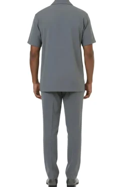 Short Sleeve Summer Walking Suit Set with Flexible Waist Pants - Gray