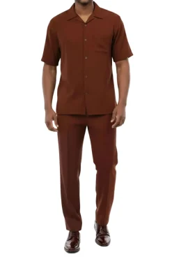 Short Sleeve Summer Walking Suit Set with Flexible Waist Pants - Maroon