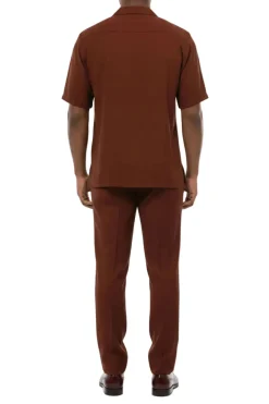 Short Sleeve Summer Walking Suit Set with Flexible Waist Pants - Maroon