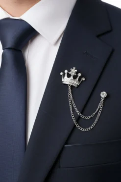 Silver Rhinestone Diamond Double Chain Crown Brooch