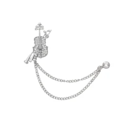 Silver Rhinestone Diamond Double Chain Violin Brooch